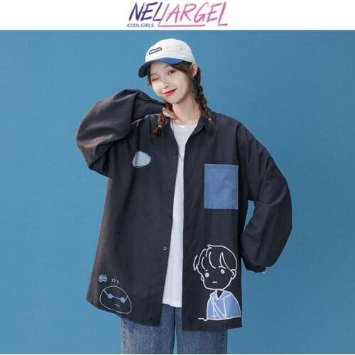 NELLARGEL Women Harajuku Cartoon Causal Kawaii Blouse 2021 Female Korean Fashion Collared Shirts Girl Elegant Streetwear Blouse