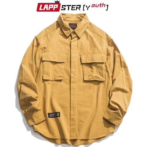 LAPPSTER Men Vintage Cargo Shirts Pockets 2020 Harajuku Mens Japanese Streetwear Hip Hop Colorful Button Up Shirt Loose Shirt