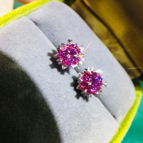 New Design Silver 925 Original Brilliant Cut Total 2 Carat Top Quality Pink Moissanite Snowflake Stud Earrings Gemstone Jewelry