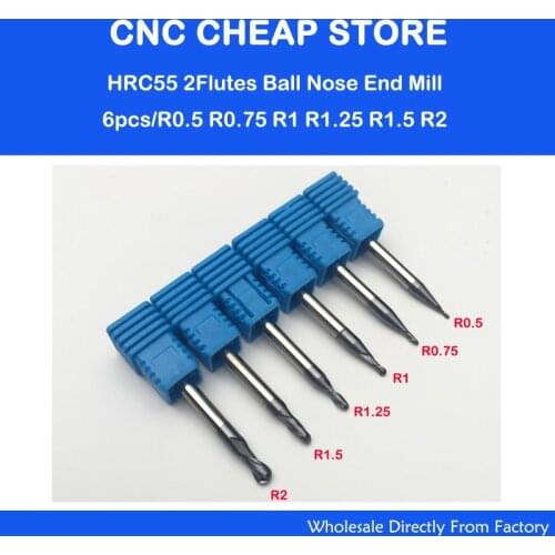 6PCS HRC55 Tungsten Steel Carbide double flute End Mill Bit Milling Cutter Tools Ball Nose CNC Router R 0.5,0.75,1,1.25,1.5,2mm