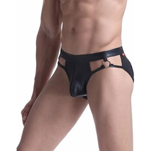 Men Briefs Male Underwear PU Leather Hollow Out Underpants Sexy Breathable