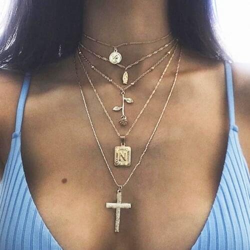 Vintage Multilayer Letter Flower Face Coin Jesus Cross Pendant Necklace for Women European Exaggerated Necklace Jewelry YN1276