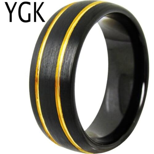 YGK Wedding Jewelry Black Dome With Golden Grooves New Tungsten Rings for Mens Bridegroom Wedding Engagement Anniversary Ring