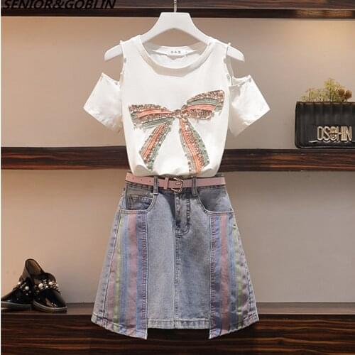 2020 Summer New Female Sweet Bead Bow Sequins Off-the-shoulder Short Sleeve White T-shirt and Fashion Denim Skirt two-piece set