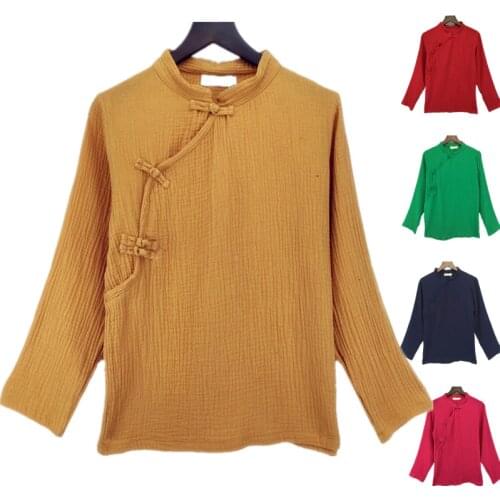 2020 Spring Autumn women vintage stand collar cotton linen blouse Chinese style Long sleeve Linen shirts tops plus size 5XL 6xl