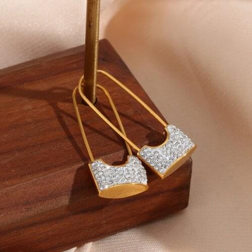 2021 New Luxury Clear Stone Zircon Padlock Earrings Female Stainless Gold Plated Safety Pin Earring Woman Fashion Jewelry