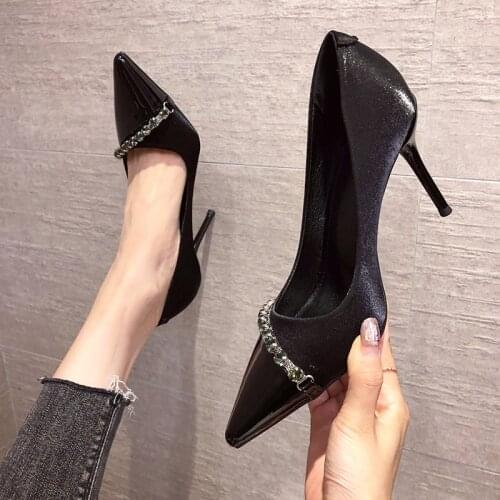 Womens Pumps Black Rivet Metal Chain Silk PU Splicing 7CM 9CM High Heels Crystal Party Fashion Office Lady Shoes Size 34-41