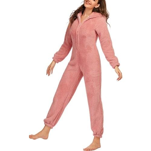 2020 Womens Plush Romper Winter Pajamas One sies Long-Sleeve Zipper Hooded Hat Warm mujer Clothes Fleece Sleepwear New
