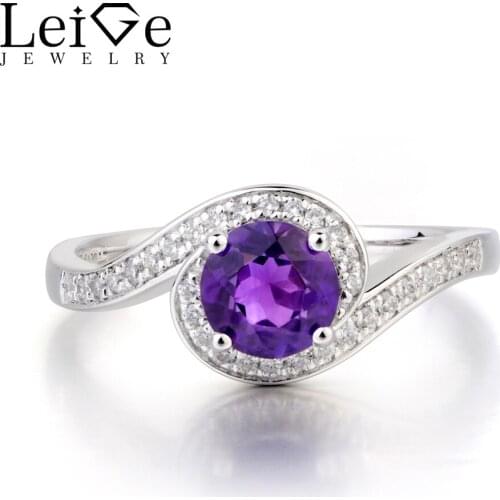 Leige Jewelry Wedding Ring Natural Amethyst Ring February Birthstone Round Cut Purple Gemstone 925 Sterling Silver Ring for Her