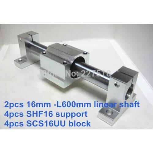 16mm linear set: 2pcs 16mm - 600mm linear round shaft +4pcs SK16 shaft support+4pcs SCS16UU linear bearing block