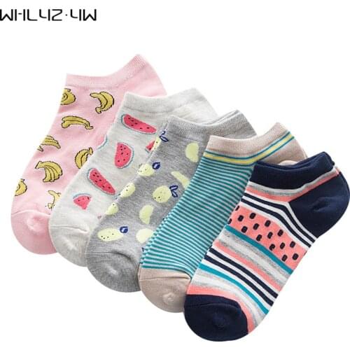 5 Pairs Novelty Harajuku Boat Socks Woman Cotton Watermelon Banana Lemon Colorful Non-Slip Girl Ankle No Show Socks Good Quality