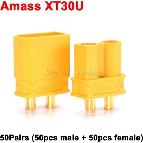 50 Pairs Amass XT30U 2mm Antiskid Plug Connector Male + Female 2mm Golden Connector Plug Upgrade XT30 For RC Quadcopter