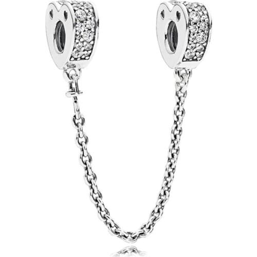 Fits Pandora Bracelets Original Charms 925 Sterling Silver Clear Pave Hearts Safety Chain Beads for Jewelry Making Women Gift