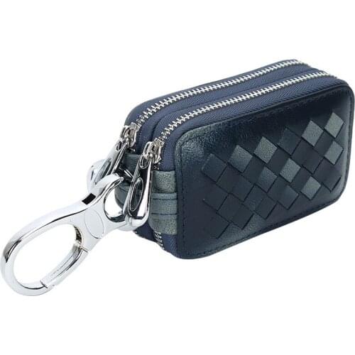 Brand Sheepskin Handmade Weave Key Wallet Double Zippers Women Keys Organizer Large Capacity Genuine Leather Car Key Wallets
