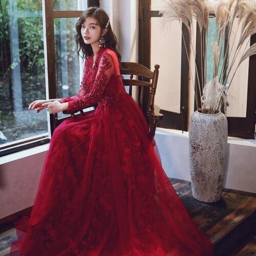 Elegant Long Tulle A-line Prom Dresses 2021 Burgundy Beading V Neck Long Sleeve Formal Gown Sexy Backless Toast Clothing