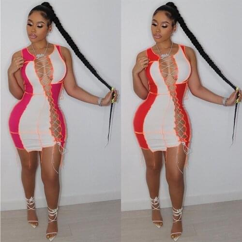 Imcute Hollow Out Sexy Woman Dress Sleeveless Lace Up Bandage Bodycon Dress Summer Clothes for Party Short Mini Dress Vestidos