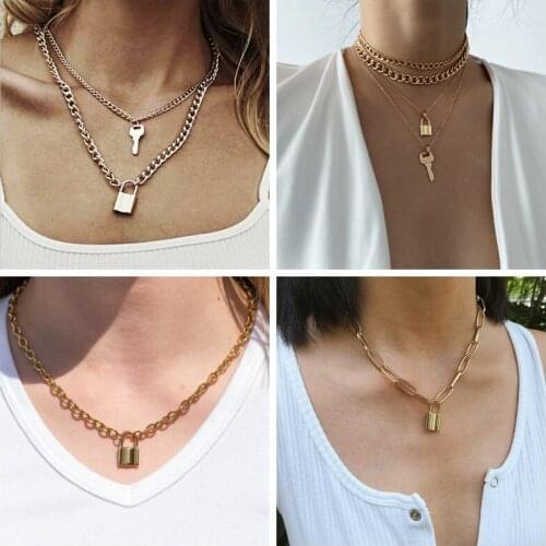KINFOLK Lock Vintage Long Gold Coin Necklace For Women Chain Charm Punk Pendants Necklaces 2020 New Fashion Jewelry Gift
