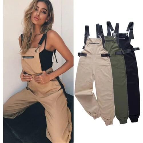 New Khaki Rompers Womens Jumpsuit Long Elegant Zipper Pockets Sleeveless Adjusted Strap High Waist Cotton Fashion Autumn 2019