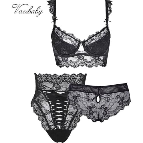 Varsbaby 3Pcs Women Sexy Plus Size Push Up Underwear Comfortable Bra+High-Waist Panty +Panty Lingerie Set