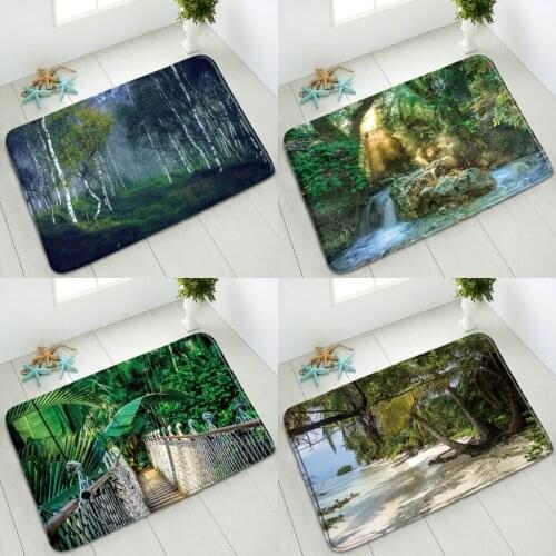 Natural Scenery Non-Slip Bathroom Mat Green Forest Plants Palm Trees Waterfall Ocean Indoor Entrance Doormat Absorbent Carpet