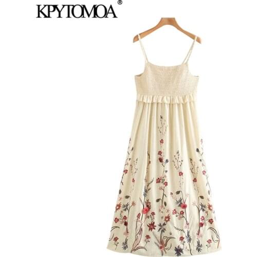 KPYTOMOA Women 2020 Fashion Floral Embroidery Ruffled Linen Midi Dress Vintage Backless Thin Straps Female Dresses Vestidos