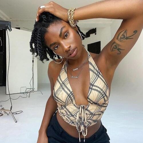 SEASONS Checkered Halter Backless Sexy Crop Top Summer Sleeveless Tank Tops Tees Front Tie Camisole Streetwear Fashion ASVE81994