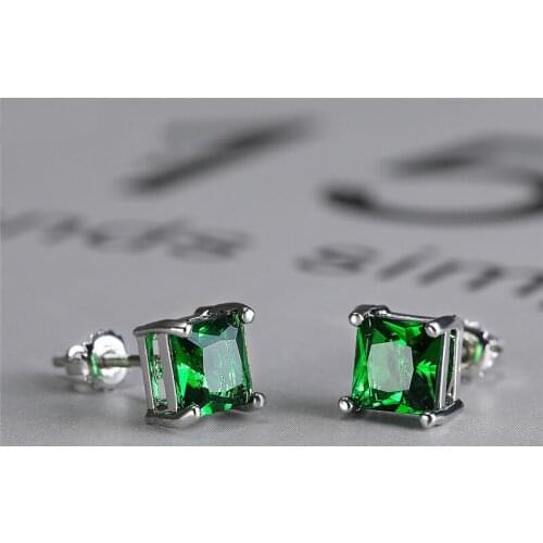 Small Square Stone Screw Back Earrings Luxury Green Crystal Zircon Stud Earrings Vintage Silver Color Wedding Earrings For Women