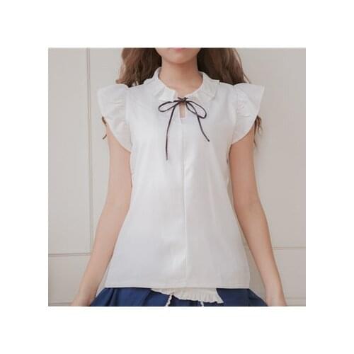 Cute Girls Ruffles Trim Sleeves Round Turn Down Collar Chiffon Blouse with Bow Lolita Shirt Tops