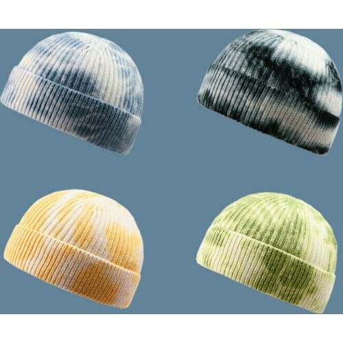Fashion Tie-dye Knit Beanie Warm Winter Hat Women Autumn Soft Knitted Hip Hop Cap Men Cuffed Plain Cap Bonnet
