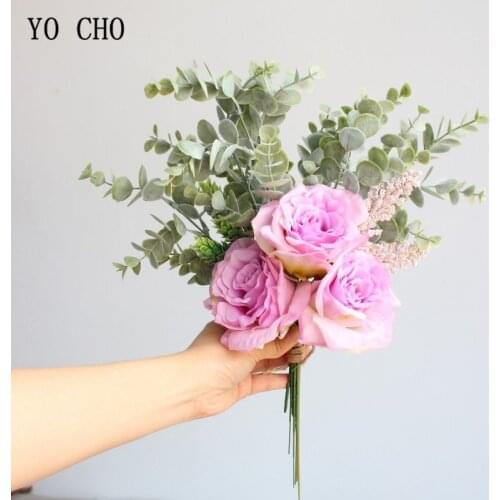 Wholesale Price Best Quality Silk Rose Wedding Bouquet Plastic Eucylaptus Leaves Bouquet Flower for Wedding Photo Shooting