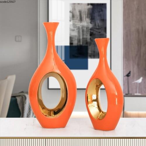 Orange Electroplated Ceramic Hollow Vase Flower Arrangement Porch Wine Cabinet Art Furnishings Dried Flower Vase Home Decoration
