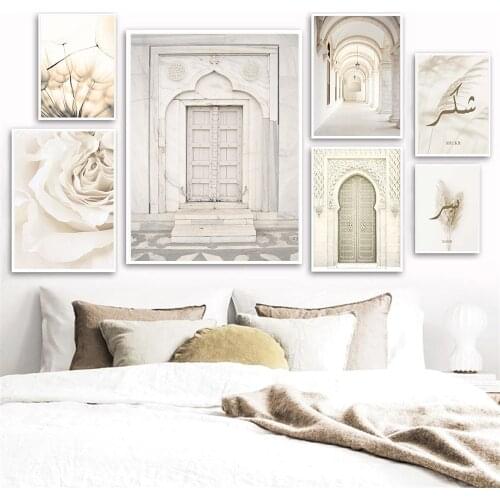 Mosque Morocco Door Print Modern Islamic Canvas Painting Reed Dandelion Flower Wall Art Poster Arabic Wall Pictures Home Decor