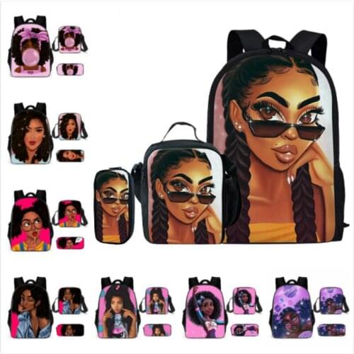 3pcs/set School Bags for Kids Art Cartoon Black African Girl Print School Backpack Girls Children Shoulder Lunch Pen Book Bags