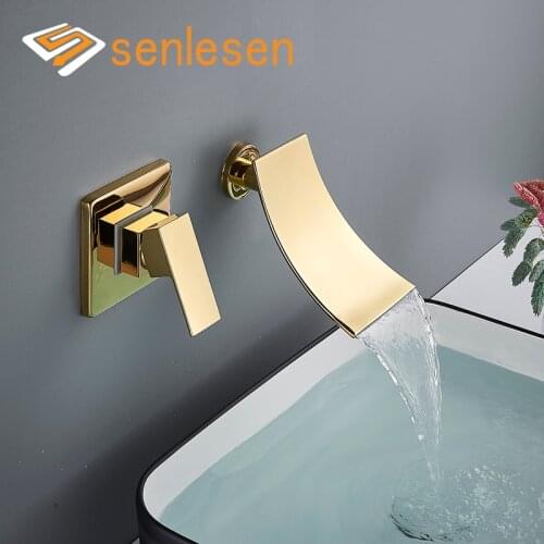 Senlesen Concealed Bathroom Basin Faucet Golden Nordic Style Waterfall Spout Wall Mounted Tap Crane