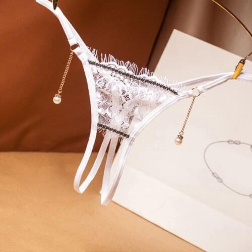 Sexy Low Waist Transparent Lace Thong Temptation Pearl Tassel Back Open Lingerie G-String Fashion Women Club Underwear Panties