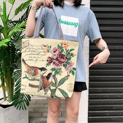 Fresh Butterfly Printed Tote Bag For Women Linen Faric Bag Ladies Shoulder Bag Outdoor Casual Tote Foldable Shopping Bag