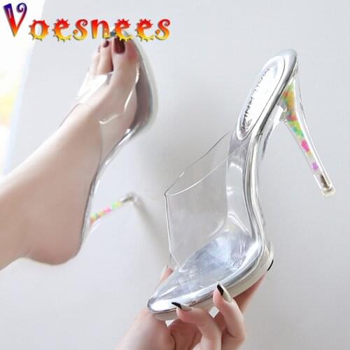 Shoes Summer Woman 2021 Outside Slippers Transparent Heels Platform Super High Thin Heels Noctilucent Shine Slides Shoes Woman