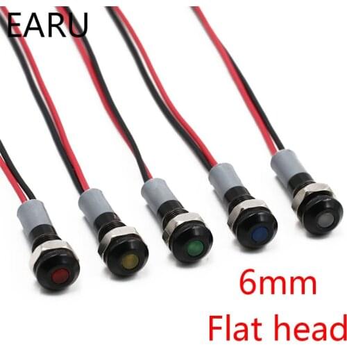 Black Body Flat Head 6mm Waterproof IP67 Metal LED Warning Indicator Light Signal Lamp Pilot Wire 5V 12V 24V 110V 220V Red Blue