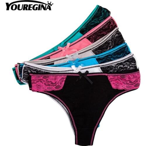 YOUREGINA Sexy Cotton Lace Underwear Women Thong G-String Panties Low Waist Briefs Lingerie Underpants Bow Girl 6pcs/lot M-XL