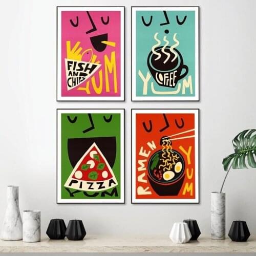 Funny Food Cartoon Poster Coffee Pizza Noodle Sushi Burger Print Canvas Painting Club Bar Shop Kitchen Wall Picture Decoration