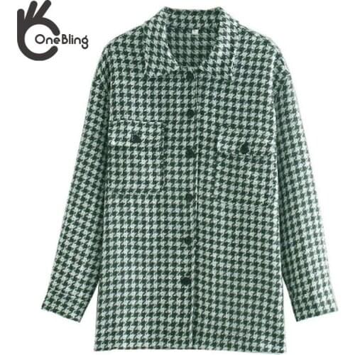 OneBling 2021 Za Jacket Fashion Houndstooth Frayed Tweed Jacket Coat Vintage Long Sleeve Pockets Female Outerwear Chic Tops