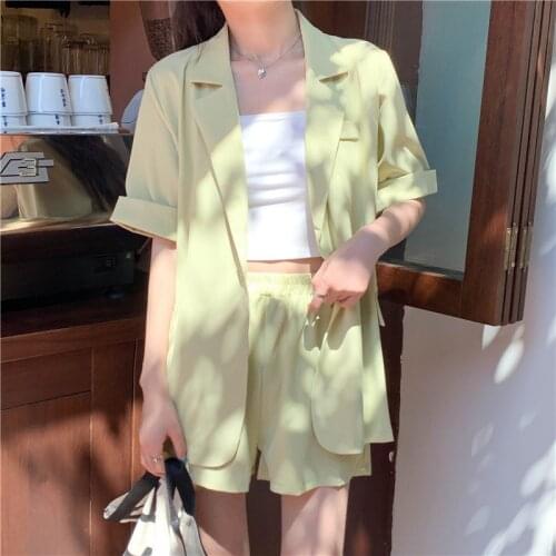 Two-Piece Suit Collar Short Sleeve Women Summer Pink Tie Belt Shorts Female Sets Summer Casual Office Lady Streetwear 2 Pcs Sets