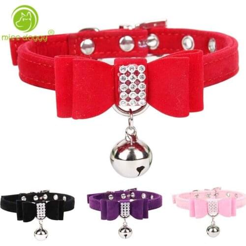 Velvet Elegant Rhinestone Dog Collar Bow Tie Jeweled Cat Collar with Bell Pet Collar Dog Chain for Small Puppy Dogs and Cats 10A