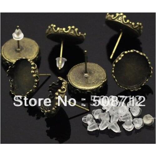 Free shipping!!! wholesale 500pcs/lot Bronze Tone Earring Post W/Stoppers 15x13mm(Fit 12mm),Earrings Base,Earring Blank