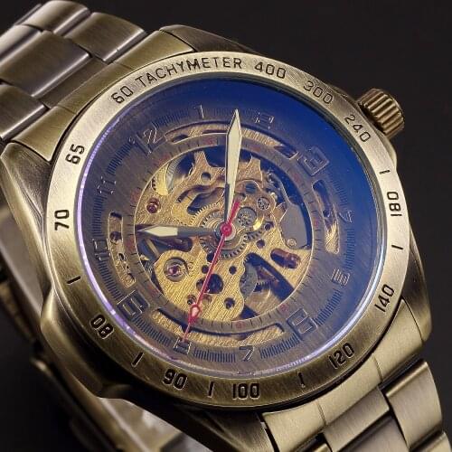 Fashion Skeleton Watch Men Mechanical Watch Vintage Brass steel Mens Wristwatch Skeleton Steampunk Clock Male relogio masculino