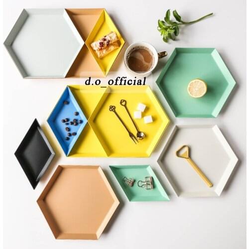 Colorful polygonal desktop combination storage tray Nordic geometric diamond metal hexagonal tea tray stainless steel