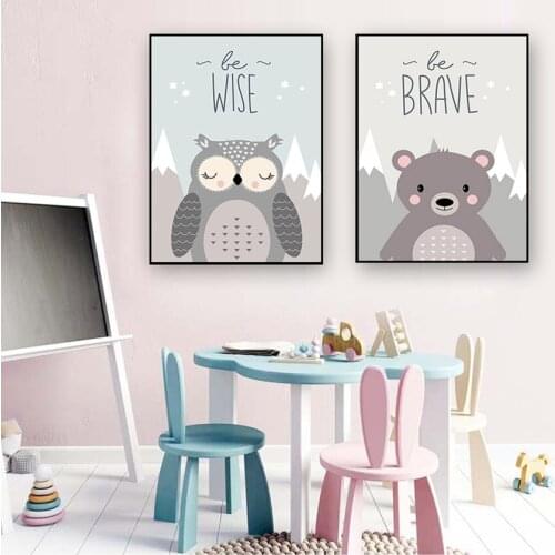 Picture Print Baby Kids Room Decoration Brave Nordic Art Animal Lion Fox Bear Minimalism Painting Cartoon Nursery Wall