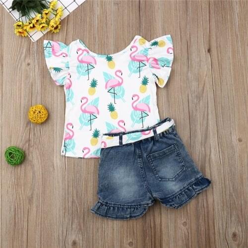New Summer Baby Girls Floral Tops Sleeveless Cartoon Ruffles T-shirt Denim Pants Shorts Kids Cute Set Newborn Outfits