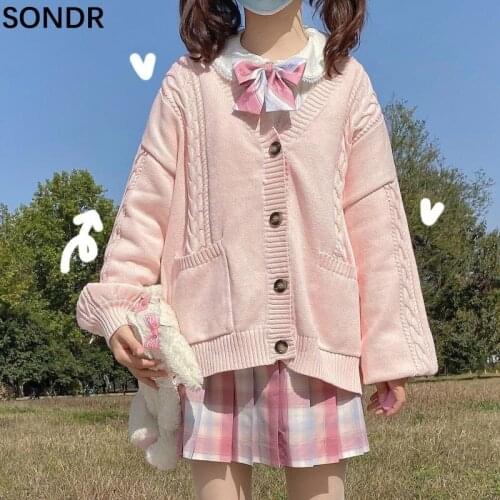 Kawaii Pink Knitted Cardigan Sweater Women 2021 Autumn V-Neck Single Breasted Twist Knit Sweaters Cute 6 Colors Jk Uniform Coat