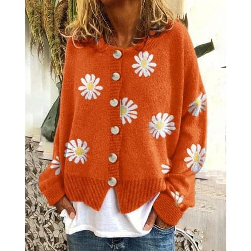 Women Long-sleeved Cardigan Spring Fall Casual Floral Print Little Daisy Round Neck Single-Breasted Knitted Jackets Outerwear